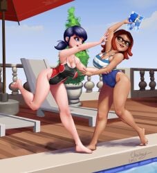 2023 2girls alya_cesaire artist_signature big_breasts blue_eyes blue_hair brown_eyes brown_hair chouboy cleavage feet female female_only glasses huge_breasts large_breasts marinette_dupain-cheng miraculous:_tales_of_ladybug_and_cat_noir miraculous_ladybug multiple_girls one-piece_swimsuit picture_(object) poolside swimsuit