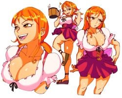 1girls 3amsoda ass barmaid beer beer_mug big_breasts breasts cleavage dirndl female female_only going_commando large_breasts nami no_bra no_panties one_piece orange_eyes orange_hair post-timeskip sandals skirt