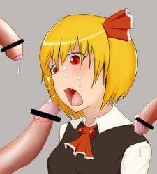 1girls 3boys bar_censor blonde_hair censor_bar censored censored_penis cock cum dick eyebrows_visible_through_hair eyelashes_visible_through_hair open_mouth penis red_eyes rumia semen semen_on_face simple_background touhou yumusiusu