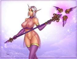 1girls big_breasts blizzard_entertainment blonde_hair blood_elf freli green_eyes light-skinned_female light_skin original_character pussy solo stockings warcraft world_of_warcraft ysuria