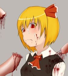 1girls 3boys blonde_hair blood blood_on_face blood_splatter blood_stain cock dick eyebrows_visible_through_hair eyelashes_visible_through_hair glansectomy gore guro open_mouth penectomy penis red_eyes rumia semen semen_on_face simple_background touhou yumusiusu