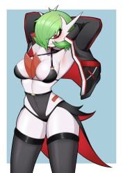 1girls alternate_costume armpits arms_up bags_under_eyes black_bra black_choker black_jacket black_lingerie black_panties blue_background bob_cut choker cleavage gardevoir generation_3_pokemon green_hair hair_covering_eye hands_behind_head humanoid jacket lingerie long_sleeves looking_at_viewer looking_down medium_breasts mega_evolution mega_gardevoir one_eye_covered open_clothes open_jacket panties pokémon_(species) poke_ball_symbol pokemon pokemon_(species) pokemon_only red_eyes ringed_eyes short_hair simple_background solo standing tailcoat thighhighs thighs tight_clothing white_body white_border white_skin wide_hips zipper