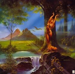 1990s 1993 1girls 20th_century armpits arms_up boris_vallejo color covered_nipples covered_pussy curly_hair curvaceous curvy detailed_background flowers forest functionally_nude leaves long_hair mountains navel nude pterosaur shapeshifter shapeshifting sunlight voluptuous waterfall wide_hips