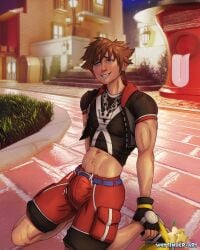 1boy artist_name blue_eyes brown_hair finder_way human kingdom_hearts male male_only no_visible_genitalia nsfw penis_bulge solo sora sweat sweaty sweaty_body wayfinder_art yaoi