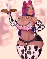 1boy areola_slip big_breasts big_hips braids breasts bulge busty busty_boy clothed clothing cow_print cow_print_armwear cow_print_bikini cow_print_legwear cow_print_thighhighs cowbell d'sweet_(patito_papito) dark-skinned_femboy dark-skinned_male dark_male_only dark_skin eyeshadow femboy femboy_with_breasts flaccid gradient gradient_hair hormone_breasts human lavender_eyeshadow male male_only male_with_breasts micropenis milk mostly_nude patito_papito pink_lipstick purple_eyeshadow restaurant small_penis small_penis_femboy solo standing thick_lips thick_thighs thighhighs waitress wide_hips