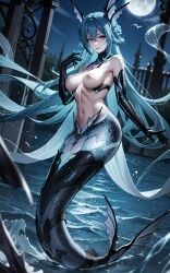 1girls absurd_res ai_generated blue_hair blush female female_focus fish_tail full_body lamia lamia_(punishing:_gray_raven) large_breasts long_hair mermaid_tail punishing:_gray_raven purple_eyes robot_girl standing straight_hair water