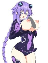 1girls blue_eyes blush bodysuit breasts bryanz09 censored goddess hair_ornament hands_on_breasts light-skinned_female long_hair looking_at_penis naughty_face neptune_(neptunia) neptunia_(series) nipples open_mouth paizuri penis purple_hair purple_heart_(neptunia) side_view steamy_breath thick_thighs thighhighs tongue_out twin_braids