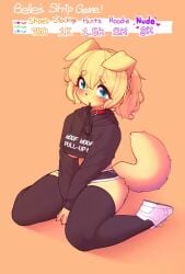 2d 2d_(artwork) animated anthro anthro_female black_hoodie black_thighhighs blue_eyes blush bra canine canned_msg collar crop_top crop_top_hoodie embarrassed embarrassed_nude_female floppy_ears furry furry_female furry_only hoodie hotpants jupiter_europe leash looking_at_viewer meme nude pawpads paws red_collar shoes shorts sitting smile smiling_at_viewer solo solo_female stirrup_legwear stirrup_stockings stirrup_thighhighs stirrups strip_game tagme tan_body tan_fur tan_hair thighhighs toes video wariza