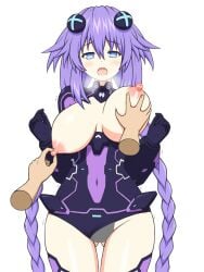 1boy 1girls arms_up blue_eyes blush bodysuit breasts bryanz09 censored goddess groping_breasts hair_ornament hands_on_breasts light-skinned_female long_hair neptune_(neptunia) neptunia_(series) nipples open_mouth purple_hair purple_heart_(neptunia) simple_background steamy_breath thighhighs thighs twin_braids