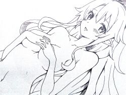 blush blush breasts completely_nude completely_nude_female covering covering_breasts disgaea disgaea_5 iwasi_r liezerota looking_at_viewer monochrome nippon_ichi_software