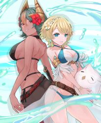 2girls alternate_costume ass back-to-back bikini black_one-piece_swimsuit black_swimsuit blue_bikini blue_eyes blue_swimsuit breasts character_doll criss-cross_halter dark-skinned_female dark_skin fake_horns feather_trim feh_(fire_emblem_heroes) female female_only fire_emblem fire_emblem_heroes fjorm_(fire_emblem) fjorm_(summer)_(fire_emblem) flower green_hair hair_flower hair_ornament halterneck highres horns inflatable_toy laegjarn_(fire_emblem) laegjarn_(summer)_(fire_emblem) large_breasts medium_breasts multicolored_hair multiple_girls nintendo official_alternate_costume one-piece_swimsuit orange_hair red_eyes sakura_no_yoru sarong short_hair smile swimsuit teeth