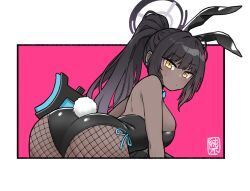 animal_ears anti-materiel_rifle ass bare_shoulders bent_over black_hair black_leotard blue_archive blush bolt_action breasts bunny_ears bunny_tail bunnysuit curvy dark-skinned_female dark_skin detached_collar fake_animal_ears female fishnet_pantyhose fishnets gun halo highleg highleg_leotard huge_ass junsuina_fujunbutsu karin_(blue_archive) karin_(bunny)_(blue_archive) large_breasts leotard long_hair looking_at_viewer looking_back millennium_science_school_student official_alternate_costume pantyhose playboy_bunny ponytail rabbit_ears rabbit_tail rifle sniper_rifle solo strapless strapless_leotard tail very_long_hair weapon wide_hips yellow_eyes