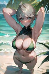 1girls ai_generated alhaitham_(genshin_impact) bikini female genderswap_(mtf) genshin_impact gray_hair green_eyes looking_at_viewer rule_63 solo solo_female space_o_space stable_diffusion