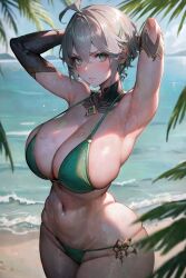 1girls ai_generated alhaitham_(genshin_impact) bikini female genderswap_(mtf) genshin_impact gray_hair green_eyes looking_at_viewer rule_63 solo solo_female space_o_space stable_diffusion