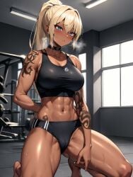 abs ai_generated big_breasts blonde_hair blue_eyes cameltoe choker dark-skinned_female fit fit_female gym hi_res large_breasts muscular muscular_female navel open_mouth original_character ponytail spade_tattoo sports_bra sportswear stable_diffusion tattoo tattooed_arm tattoos thick_thighs thighs visible_breath yuqolilos