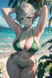 1girls ai_generated alhaitham_(genshin_impact) bikini female genderswap_(mtf) genshin_impact gray_hair green_eyes looking_at_viewer rule_63 solo solo_female space_o_space stable_diffusion