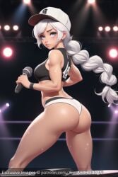 ai_generated alexandhotdogai ass athletic_shorts athletic_wear audience baseball_bat big_ass blue_eyes bracelet braid gym_shorts heavenly_ass long_hair long_legs looking_back microphone on_stage pale_skin round_ass rwby singing sports_bra spotlight stable_diffusion stage sweat sweating thong tight_ass weiss_schnee white_hair