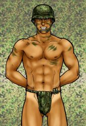 army camouflage camouflage_print creed gay green_paint homosexual male military non_nude soldier underwear