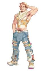 armpit_hair bandana beard_stubble big_bulge blue_eyes body_hair bulge_in_pants bulge_through_clothing cream_hair crop_top dreampipe ear_piercing fully_clothed hand_behind_head hand_in_pocket male male_only muscular_male oc piercings pubic_hair ripped_jeans smiling smiling_at_viewer solo thong v-line