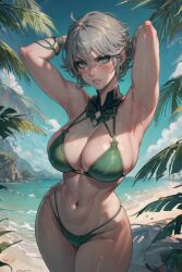 1girls ai_generated alhaitham_(genshin_impact) bikini female genderswap_(mtf) genshin_impact gray_hair green_eyes looking_at_viewer rule_63 solo solo_female space_o_space stable_diffusion