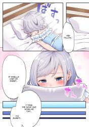 1girls bed bedroom blue_eyes blush doujin doujinshi lin_(artist) manga original short_hair silver_hair sleepy sniffing solo_female