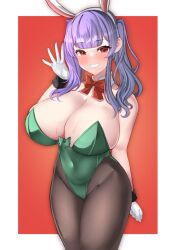 alternate_costume animal_ears azur_lane blush bow bowtie breasts brown_pantyhose cleavage covered_navel cowboy_shot detached_collar fake_animal_ears female green_leotard huge_breasts leotard long_hair looking_at_viewer pantyhose playboy_bunny pola_(azur_lane) purple_hair rabbit_ears rabbit_tail red_background red_eyes sideboob smile solo strapless strapless_leotard tail tf_cafe traditional_bowtie twintails white_background wrist_cuffs