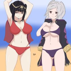 2girls arms_up bikini black_hair female female_only fire_emblem fire_emblem_awakening haruka1556 multiple_girls robin_(fire_emblem) robin_(fire_emblem)_(female) swimsuit tagme tharja_(fire_emblem)