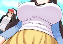 2girls baseball_cap big_breasts black_vest blue_eyes breast_envy breasts brown_hair busty commentary creatures_(company) curly_hair game_freak hat high_ponytail highres hilda_(pokemon) huge_breasts large_breasts long_hair low-angle_view multiple_girls nintendo pokemon pokemon_(game) pokemon_bw pokemon_bw2 rosa_(pokemon) shirt sidelocks sleeveless sleeveless_shirt tank_top the_only_shoe vest white_shirt