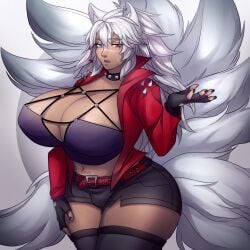 1futa alternate_skin_color animal_ears animal_tail artist_request belt big_breasts black_bra black_shorts black_stockings blue_eyes breasts bulge bulge_through_clothing clothed clothing dark-skinned_futanari dark_skin exposed_midriff exposed_stomach fingerless_gloves fox_ears fox_tail freckles freckles_on_breasts freckles_on_face freckles_on_thighs fully_clothed futa_only futanari gloves heterochromia huge_breasts humanoid indie_virtual_youtuber kemonomimi light_skin long_hair looking_at_viewer loona_(cosplay) midriff mithra_tsukiaki_(vtuber) multiple_tails muscular nine_tailed_fox red_eyes red_jacket scar second-party_source shorts silver_hair solo standing tail tan_skin tanned thick_thighs thighhighs thighs virtual_youtuber white_hair wide_hips