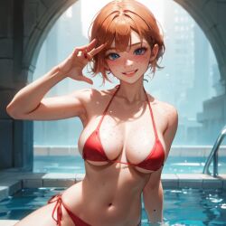 1girls ai_generated belly_button bellybutton big_boobs big_breasts bikini blue_eyes blushing_at_viewer boobs breasts bust busty cleavage freckles freckles_on_breasts freckles_on_shoulders ginger_hair happy happy_female in_water midriff navel orange_hair pixai pool pooplool red_bikini redhead revealing_swimsuit short_hair smile smiling smiling_at_viewer tagme thin_arms thin_female