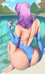 1girls absurdres araneesama ass big_ass big_butt cutesexyrobutts_(style) evelynn feet female k/da_all_out_evelynn k/da_all_out_series k/da_evelynn k/da_series league_of_legends light-skinned_female light_skin long_hair pool purple_hair swimsuit