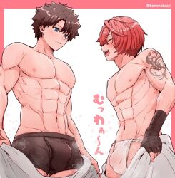 2boys arm_tattoo bandage_gloves bandaged_hands bandages bara bara_tits bed_sheet black_bandages black_hair black_underwear blue_eyes blush bulge bulge_through_clothing cute erection erection_under_clothes fate/grand_order fate_(series) femboy fujimaru_ritsuka_(male) fundoshi fundoshi_only fuuma_kotarou_(fate) gay gloves half-closed_eye hand_tattoo holding_sheet japanese_clothes kamenakake kamenakaoji looking_at_another looking_at_partner looking_each_other male male/male male_focus male_only male_underwear mostly_nude mostly_nude_male muscular muscular_femboy muscular_male nipples open_mouth open_mouth_smile parted_bangs red_hair sheet_grab sheets short_hair shoulder_tattoo simple_background smile tattoo toned toned_body toned_male underwear underwear_bulge underwear_only white_background white_fundoshi wholesome yaoi