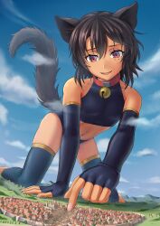 animal_ears animal_tail aoigai barefoot bell bell_collar black_hair black_tail collar color destruction exposed_shoulders fantasy fingerless_gloves giantess humanoid isekai_city long_fingernails long_gloves macro mega_giantess midriff original original_character outside panties reverse_trap skin_tight small_breasts small_chest tail_wagging thighhighs tight_top tomboy wild_hair wolf_ears wolf_girl wolf_tail