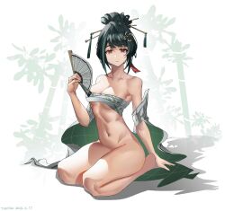 1girls black_hair bottomless female female_only full_body hair_ornament hanying punishing:_gray_raven red_eyes robot_girl sitting solo tied_hair