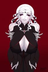 1girls big_breasts black_sclera breasts female female_focus female_only leaning_forward red_eyes rosewald1929 rwby salem_(rwby) seductive seductive_look seductive_smile simple_background solo solo_female solo_focus white_hair white_skin