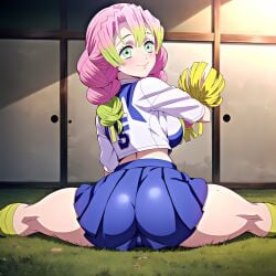 2d ai_generated big_breasts braid braided_hair braids breasts cheerleader cheerleader_outfit cheerleader_uniform demon_slayer green_eyes green_hair kanroji_mitsuri kimetsu_no_yaiba looking_at_viewer looking_back multicolored_hair pink_hair round_ass tbaanime thick_thighs two_tone_hair