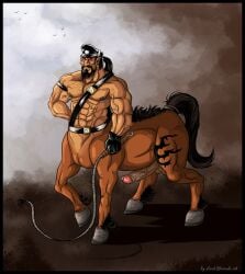 1boy 2008 abs artist_name artist_signature balls ballsack bara black_border black_hair black_sclera body_fur border brown_fur centaur clothing colored equine equine_taur erection facial_hair foreskin foreskin_folds garvals genitals glowing_eyes goatee half-human harness hat headgear headwear hooves humanoid humanoid_genitalia humanoid_penis humanoid_taur intact long_hair_male male male_centaur male_nipples male_only mammal mammal_taur masculine mature_male muscles muscular_male mustache nipple_piercing nude_male pecs penis piercing pointy_ears red_eyes retracted_foreskin scrotum sideburns solo taur testicles uncut vein veiny_penis whip