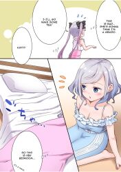 2girls bed bedroom big_breasts blue_eyes cleavage doujin doujinshi lin_(artist) manga medium_breasts multiple_girls original short_hair siblings silver_hair sisters twins twintails