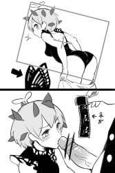 1boy 1girls antennae arrow_(symbol) ass blush breasts eternity_larva female greyscale highres itatatata leaf leaf_on_head leotard monochrome open_mouth oral penis short_hair small_breasts tears touhou