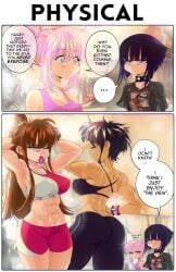 4girls abs blush brunette color comic female female_only goth_girl grs- hailey_(grs-) humor jogging_pants multicolored_hair muscular_female original original_characters pink_hair ponytail print_shirt purple_hair sharon_(grs-) shorts spiked_collar sweaty tank_top text text_bubble yuri