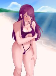 1girls bangs beach beauty_mark breasts cleavage day embarrassed female female_only fire_emblem fire_emblem_engage ivy_(fire_emblem) large_breasts long_hair looking_down looking_to_the_side mole mole_under_mouth nintendo obsidianwasp ocean one-piece_swimsuit outdoors pink_eyes purple_hair purple_one-piece_swimsuit purple_swimsuit revealing_clothes sideboob solo swimsuit underboob undersized_clothes