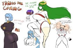 4girls ass ass_in_dress azura_(fire_emblem) blue_hair breasts clothed compliment confusion crossover danganronpa english_text female fire_emblem fire_emblem:_three_houses fire_emblem_fates frown garreg_mach_monastery_uniform horndog_(artist) huge_breasts junko_enoshima kid_icarus large_ass large_breasts light_blue_hair marianne_von_edmund monokuma multiple_girls nintendo palutena pantylines pit pit_(kid_icarus) short_hair smaller_male straight_hair text thank_you