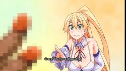 1boy 1girls 2_penises animated big_breasts big_penis blonde_female blonde_hair breasts censored diphallia diphallism english_subtitles english_text female goddess green_eyes hentai isekai_kita_no_de_sukebe_skill_de_zenryoku_ouka_shiyou_to_omou_the_animation japanese_language large_breasts laugh laughing long_hair mocking mp4 multi_penis penis penis_out ponytail ribbon sound subtitled sweat sweating tagme video voice_acted