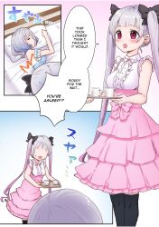 2girls big_breasts doujin doujinshi frills lin_(artist) manga medium_breasts multiple_girls original pink_eyes short_hair siblings silver_hair sisters sleeping tea tea_cup twins twintails