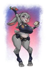 anthro big_breasts boingfarm bunny cameltoe digitigrade furry gray_fur grey_fur judy_hopps looking_at_viewer midriff police police_uniform purple_eyes rabbit shortstack skimpy_clothes solo zootopia