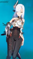 3d 9:16 aidenhet animated breasts exposed_breasts genshin_impact hoyoverse mihoyo shenhe_(genshin_impact) shorter_than_30_seconds solo solo_female tagme vertical_video video white_hair