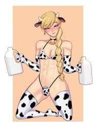 blonde_hair blue_eyes braid brynn_the_cleric chastity chastity_cage chastity_device costume cow_ears cow_horns cow_print crossdressing dungeons_and_dragons elf elf_ears femboy femboy_milk gay gelatomusume half_elf kneeling milk partially_clothed twink white_skin world_of_warcraft