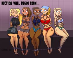 5girls ankle_cuffs arms_behind_back auction big_breasts bikini black_body blonde_female blonde_hair bondage bridgette_(tdi) brown_hair cartoon_network courtney_(tdi) crotch_rope erect_nipples_under_clothes female female_only femsub light-skinned_female lindsay_(tdi) multiple_girls nipple_bulge one-piece_swimsuit pokies rope_bondage samey_(tdi) sanders_(tdi) shibari sitting swimsuit tape_gag taped_mouth tdkai_art teletoon the_ridonculous_race total_drama:_pahkitew_island total_drama_island warner_brothers