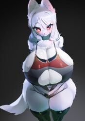 1girl 1girls anthro bangs bangs_between_eyes belly_button big_breasts black_background black_nose blush blush_lines blushing boob_window bra breasts bursting_breasts button_nose canid canid_humanoid canine canine_humanoid chest_tuft cleavage cleavage_overflow curvaceous curvy curvy_figure dark_hands ear_tuft ears female female_only fluffy_ears fluffy_tail fur gradient_background hair hair_between_eyes hands_on_belly horny huge_breasts large_breasts long_tail looking_at_viewer pov pov_eye_contact red_eyes short_hair small_snout snot solo solo_female solo_focus sports_bra straps sweat thick_thighs thighhighs thong thong_panties tufted_ears utterangle white_fur white_hair wide_hips wolf wolf_ears wolf_girl wolf_tail