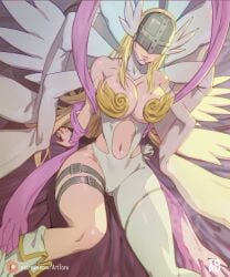 1girls 2d 2d_(artwork) 8_wings angel angel_wings angewomon arttoru belts big_breasts blonde_hair covered_face curvy curvy_female curvy_figure female revealing_clothes sitting smiling wings